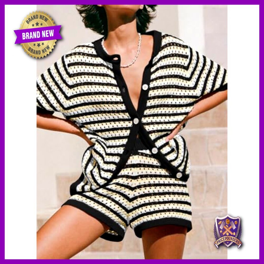 Crochet Knit Coverup Set Oversized Boho Beach Shorts Button Shirt - Picture 2 of 7